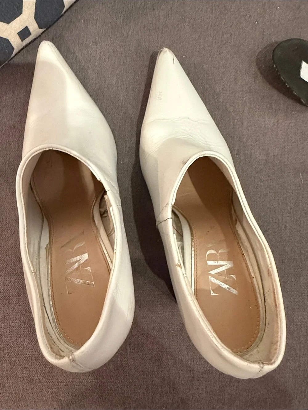 Zara White Pointed Leather Block-Heel Pumps